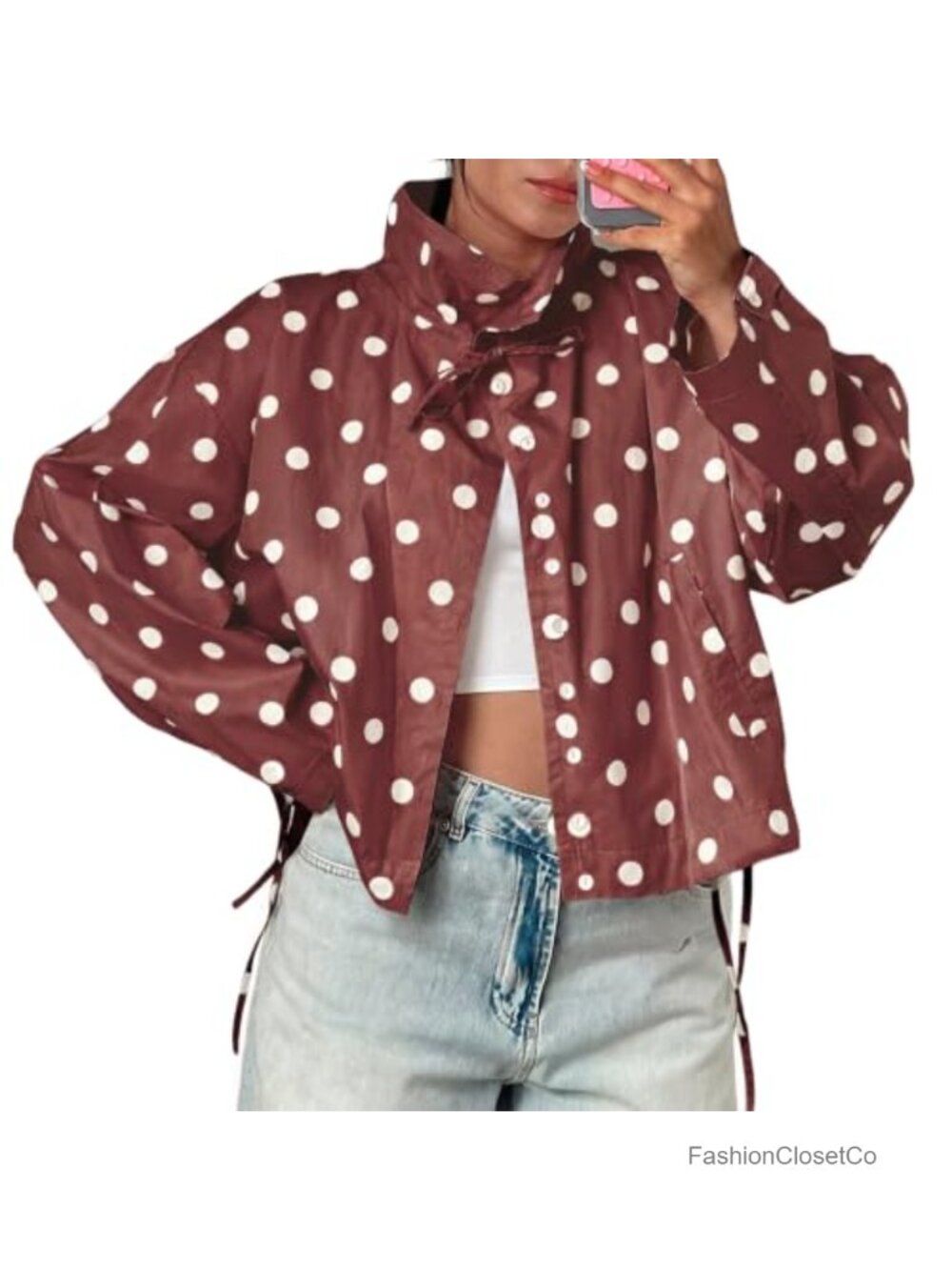 Women's Cropped Polka Dot Trench Coat with Drawstring